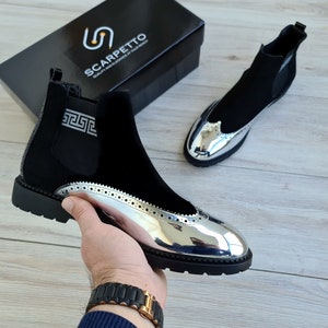 Premium Suede Leather Chelsea Boots for Men | Handmade Greek Pattern Boots | Mens Leather Ankle Boots for Parties