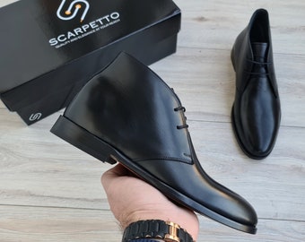 Handmade Black Leather Chukka Boots: Men's Lace Up Derby Shoes