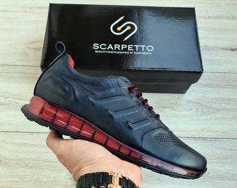 Premium Dark Blue Leather Sneakers w/Red Details | Handmade Lace Up Shoe for Men | Men's Genuine Casual Leather Shoes for Party Prom Hiking