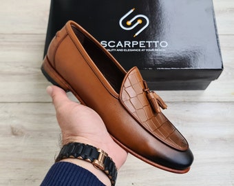 Handmade Walnut Croco Leather Tassel Loafers - Men's Slip-On Dress Shoes