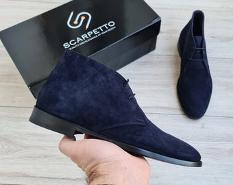 Navy Blue Suede Chukka Boots for Men | Handmade Lace Up Derby Boots | Men's Casual Ankle Boots | Premium Genuine Leather Chukka Boots