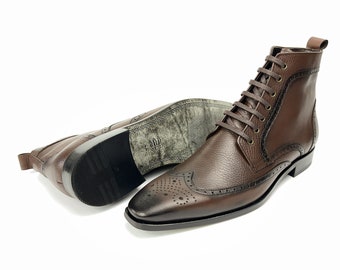 Handmade Brown Leather Ankle Boots: Mens Wingtip Lace-up Boots