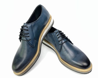 Navy Blue Derby Leather Dress Shoe | Premium Handmade Mens Derby Shoes | Genuine Leather Lace-up Derby Shoes for Men