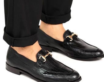 Handmade Croco Leather Loafers: Men's Slip-On Dress Shoes