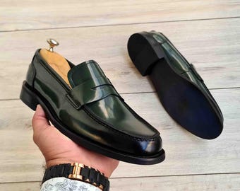 Handmade Green Leather Dress Shoes | Men's Calf Leather Loafers