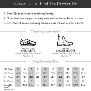May include: A sizing conversion chart for athletic sneakers, leather shoes, and boots. The chart shows US, UK, EU, and AU sizes, as well as length in inches. The chart includes sizes 5 through 14.