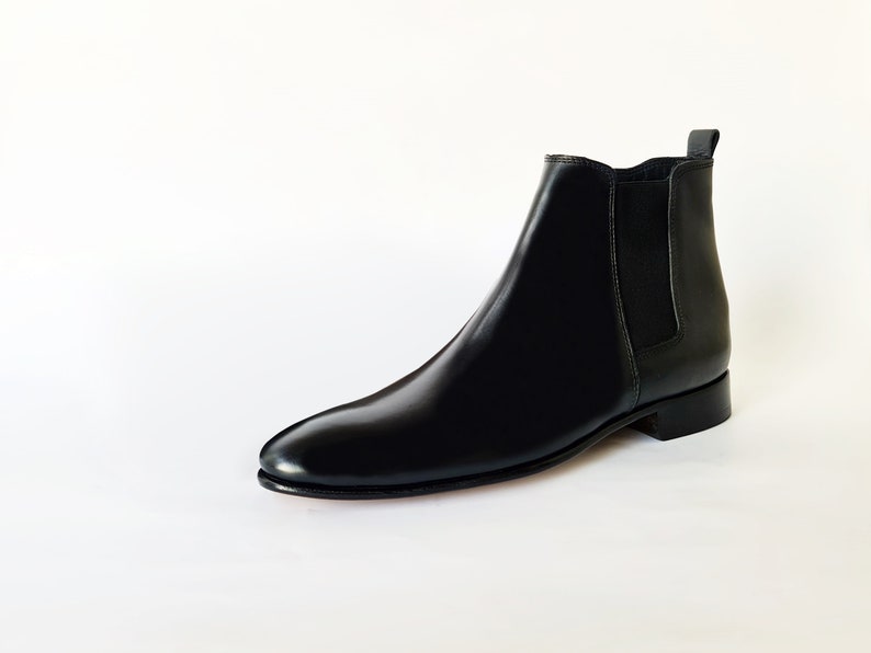 Black Chelsea Leather Boots With Leather Sole & Elastic Insert Etsy