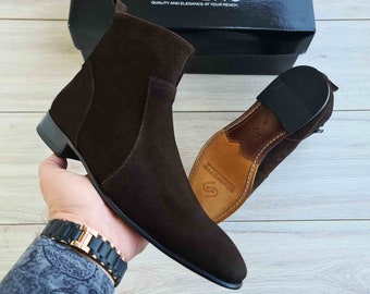 Men's Handmade Suede Leather Chelsea Boots: Zip-Up, Full Grain
