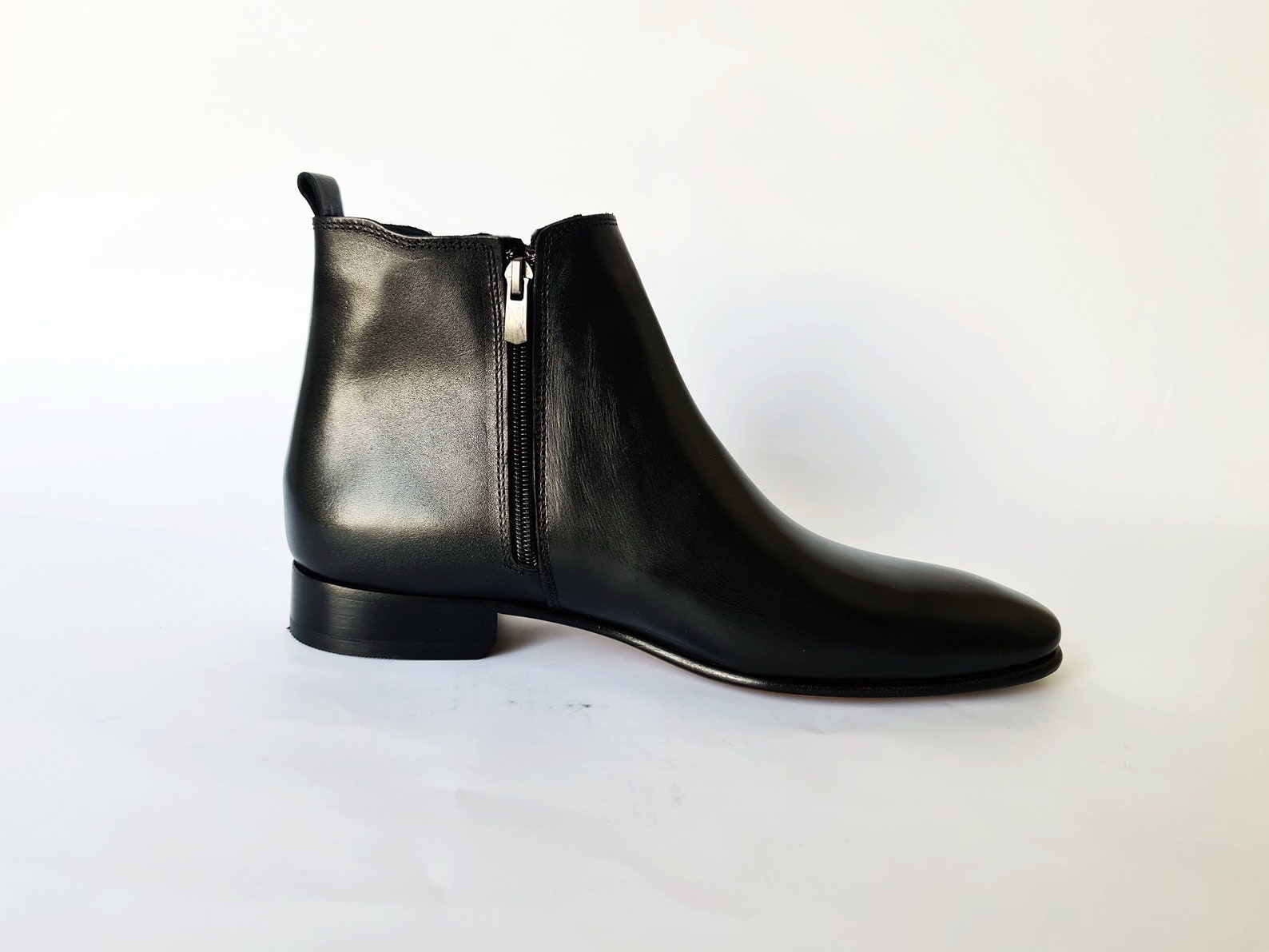 Black Chelsea Leather Boots With Leather Sole & Elastic Insert - Etsy