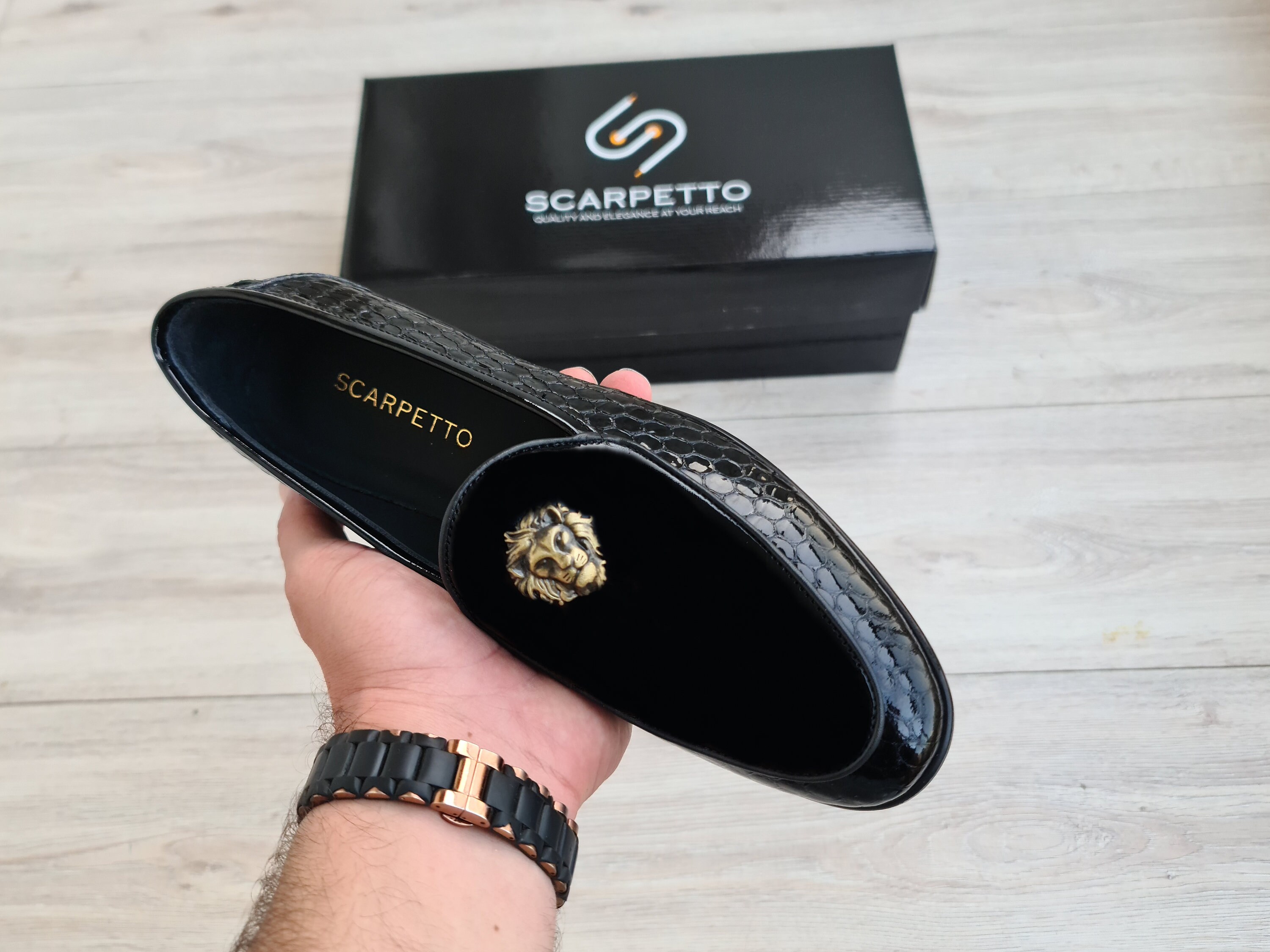 Genuine Leather Black Slip-On Dress Shoes For Men – Gold Buckle Detail By AZAR MAN