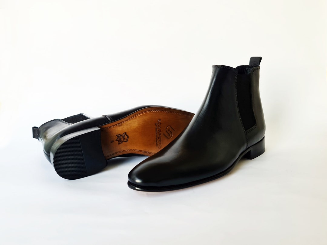 Black Chelsea Leather Boots With Leather Sole & Elastic Insert Handmade ...