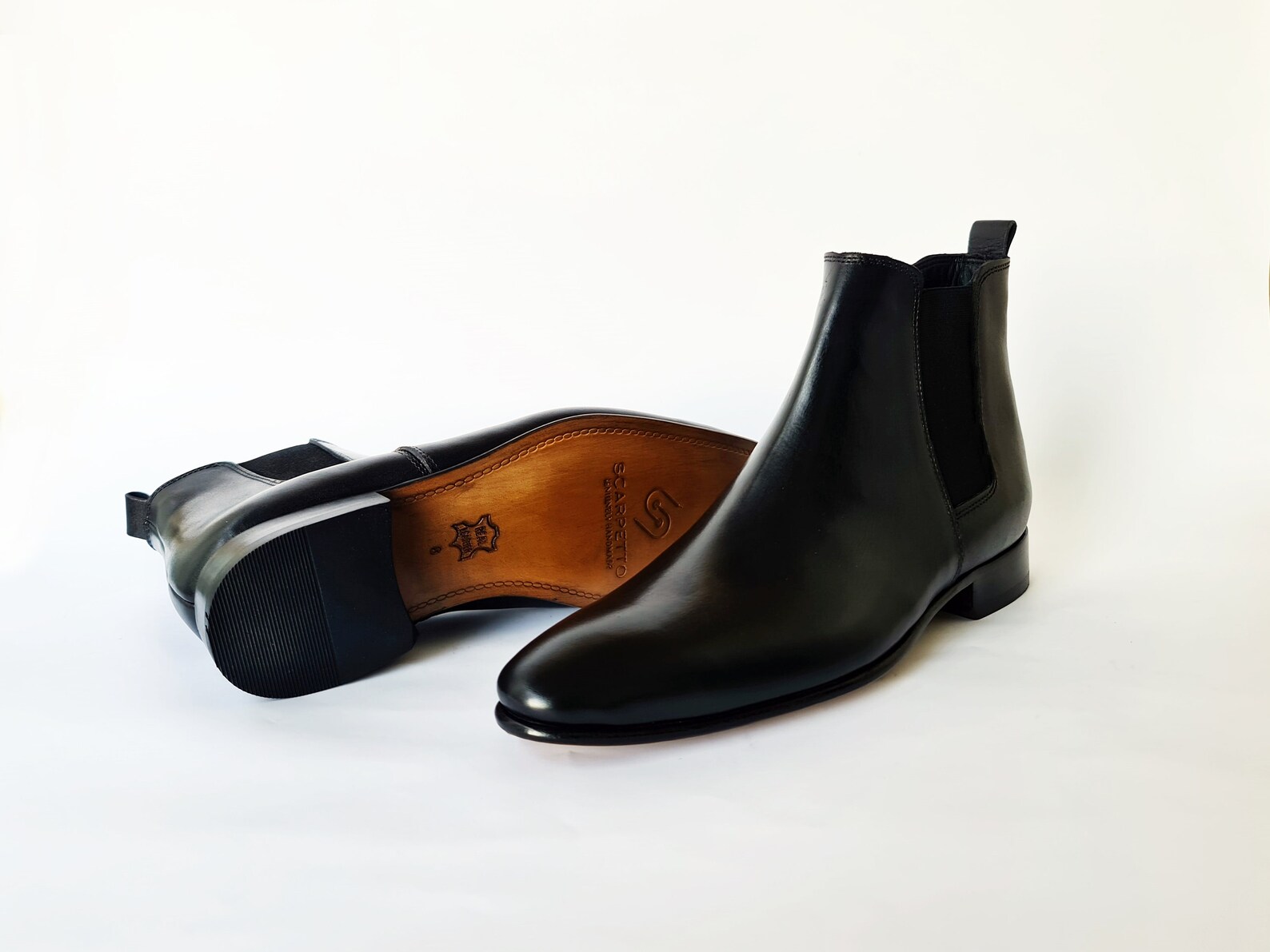 Black Chelsea Leather Boots With Leather Sole & Elastic Insert - Etsy