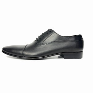 May include: Black leather lace-up dress shoes with a pointed toe.