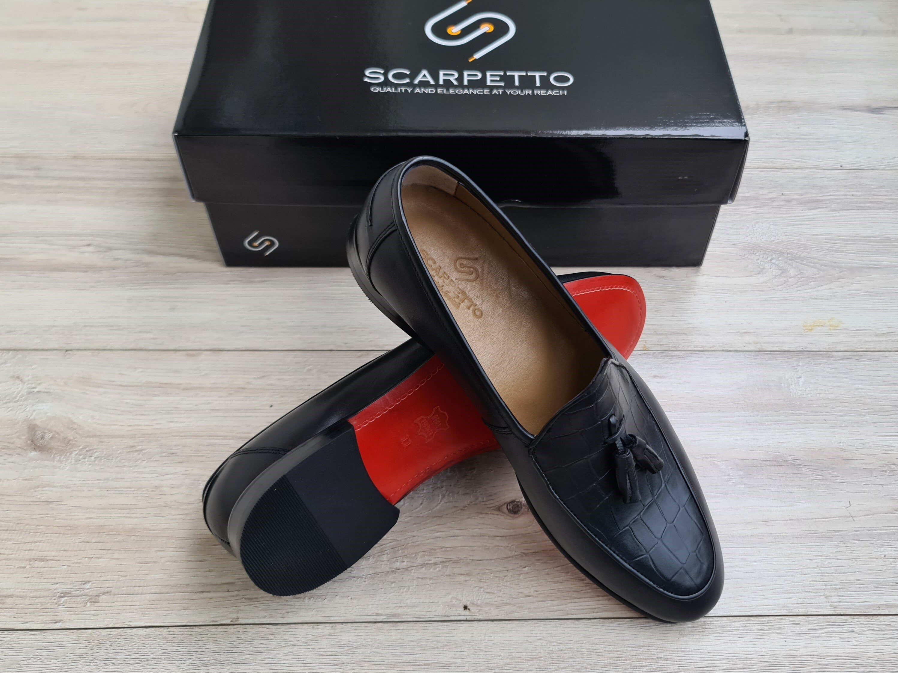 Black Croco Leather Tassel Loafers - Handmade Red Sole Slip  display picture 2