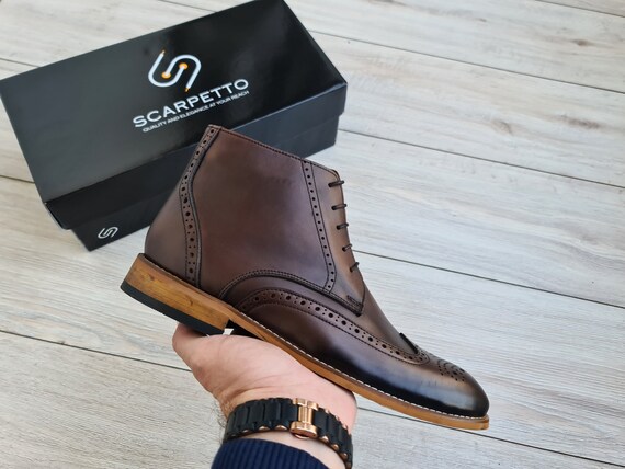 Handmade Tobacco Leather Chelsea Boots: Wingtip Derby Shoes  display picture 1