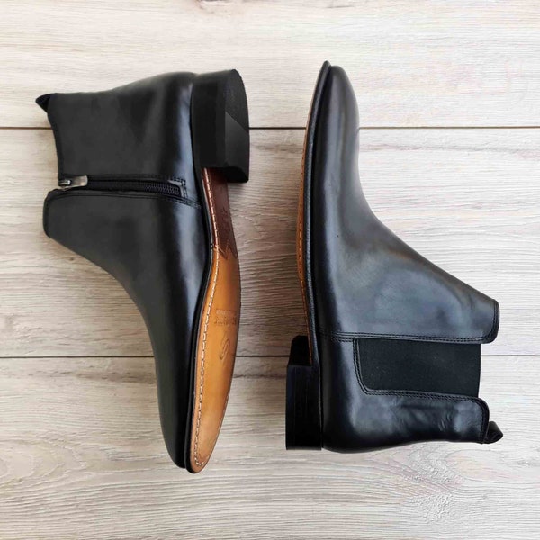 Black Chelsea Leather Boots with Leather Sole & Elastic Insert | Handmade Men's Casual Ankle Boots  | Premium Leather Shoes for Men