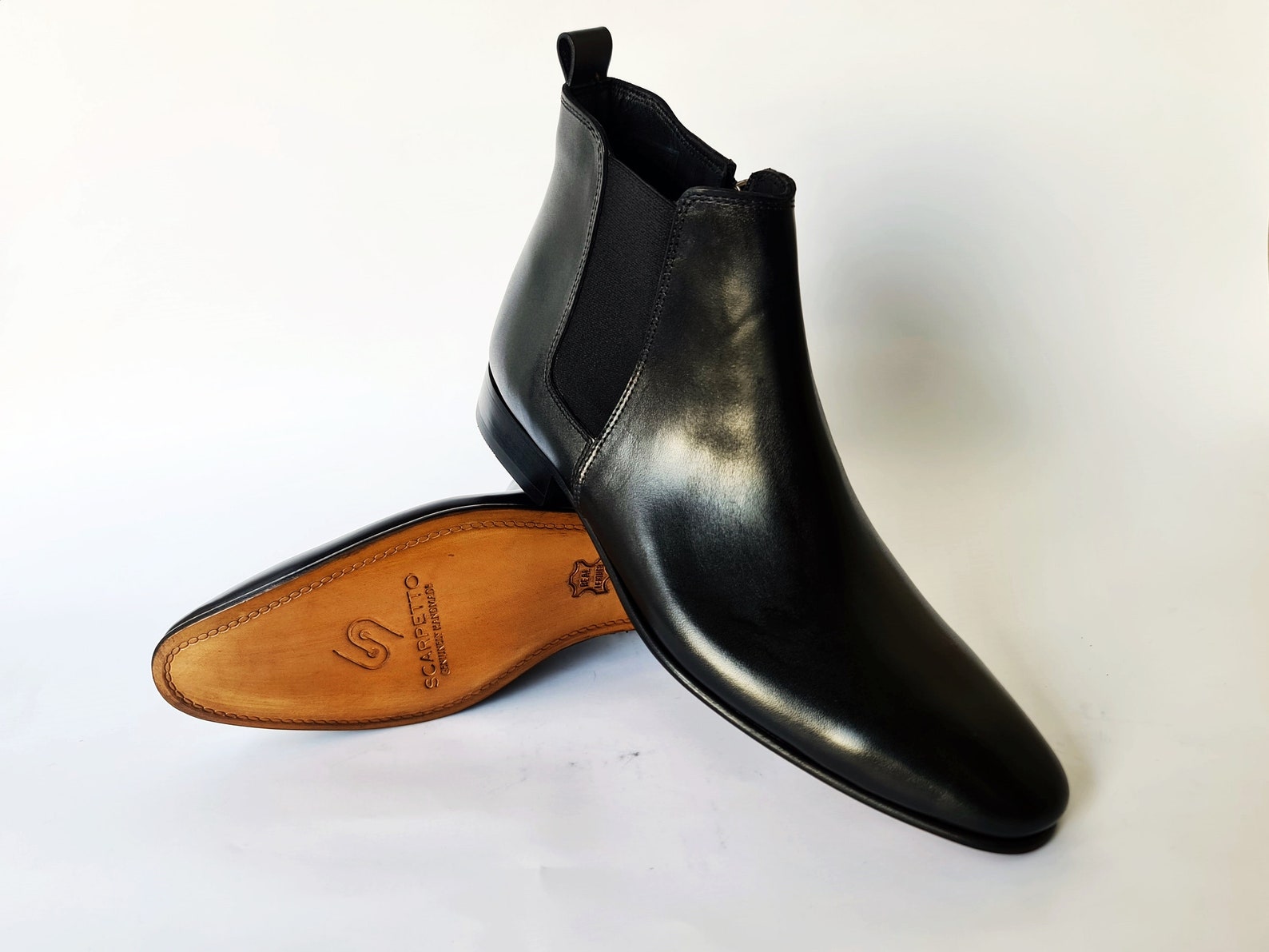Black Chelsea Leather Boots With Leather Sole & Elastic Insert - Etsy