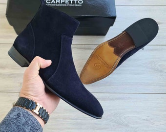 Men's Handmade Suede Leather Chelsea Boots: Zip-Up, Leather Lined