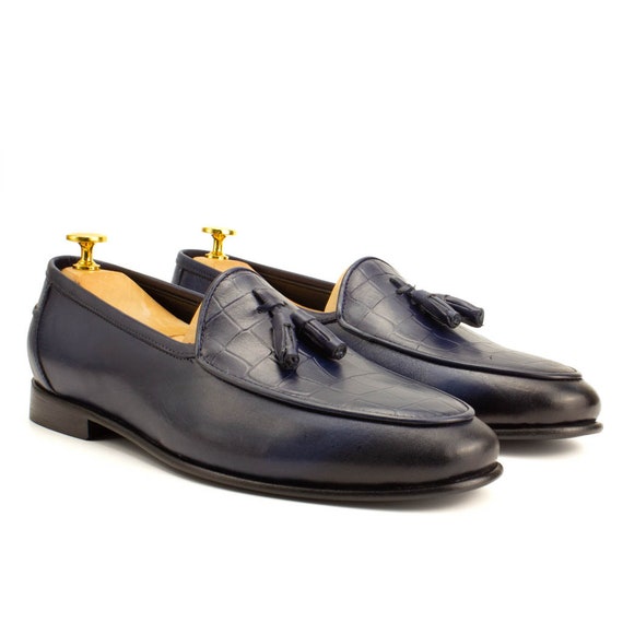 Handmade Dark Blue Croco Leather Tassel Loafers - Men display picture 3