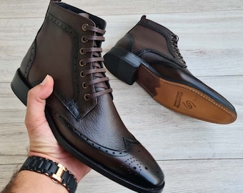 Men's Full Grain Leather Wingtip Lace-Up Boots
