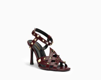 Borchia Leather Stiletto Heels: Polished Gold Pyramid Studs, Evening Party Shoes