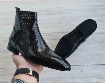 Handmade Black Leather Dress Boots | Men's Honeycomb Patent Shoes - Etsy