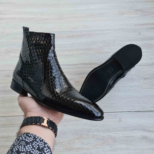 Handmade Black Leather Dress Boots | Men's Honeycomb Patent Shoes Handmade Black Leather Dress Boots | Men's Honeycomb Patent Shoes