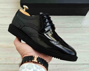 Handmade Polished Leather Wingtip Dress Shoe: Men's Genuine Leather