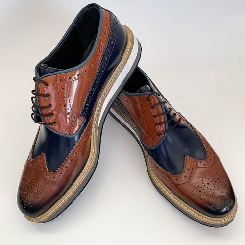 Brown-navy Blue Wingtip Derby Leather 