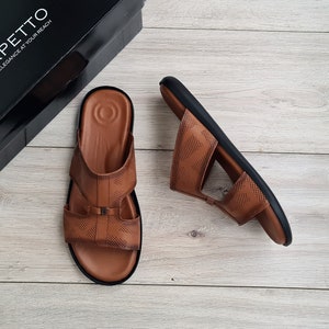 Premium Leather Men's Sandals | Handmade Anti-Skid Slides with Rubber Sole | Open Toe Slippers for Men and Women