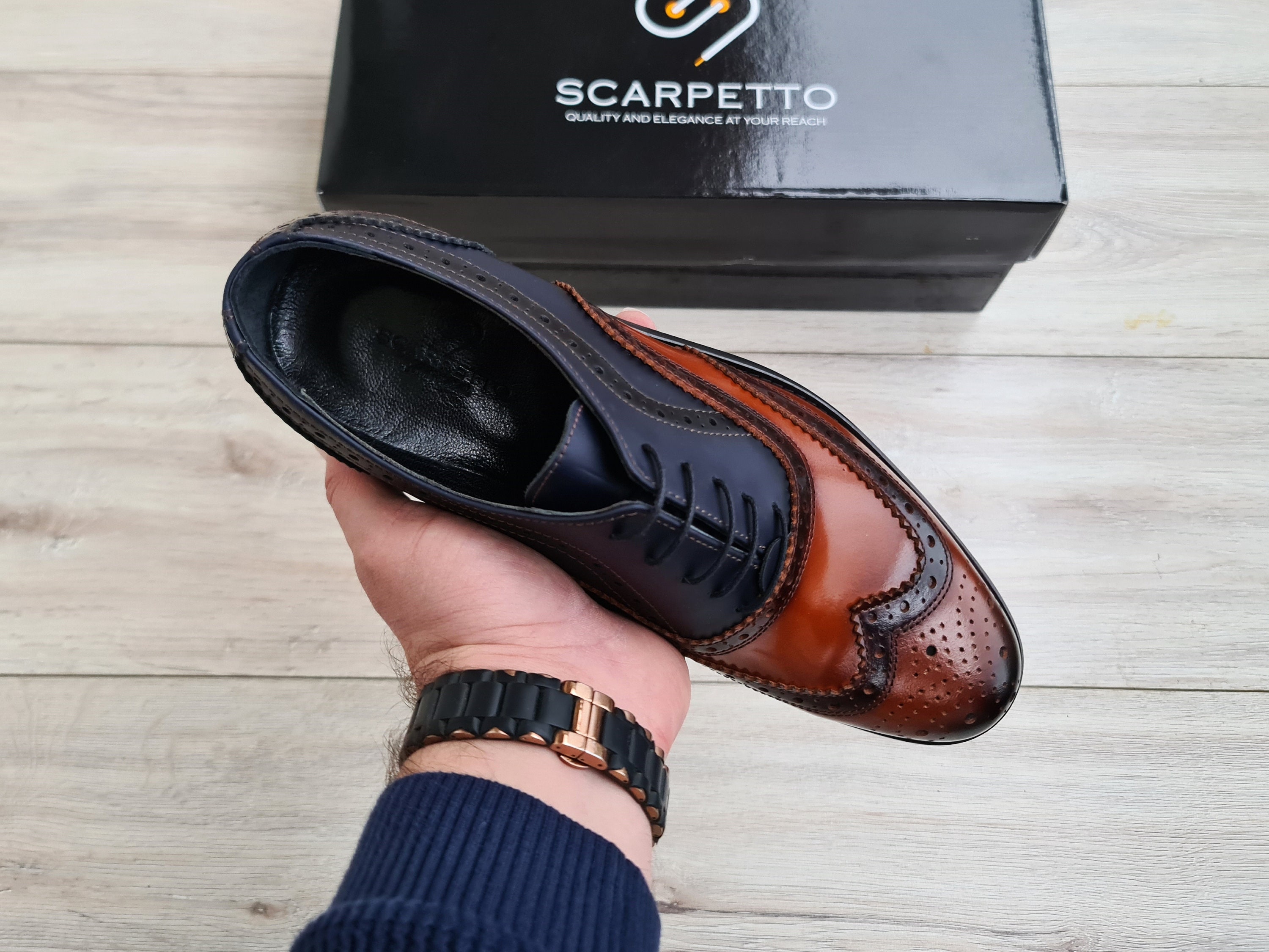 Handmade Leather Spectator Oxford Dress Shoe: Brown-navy 