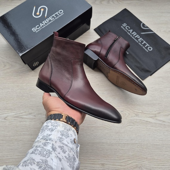 Burgundy Leather Chelsea Boots: Pebbled Grain, Pointed Toe, Slip-On Style