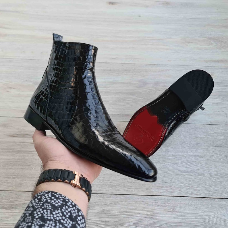 Raphael Black Men's Chelsea Croco Patent Leather Boots | Red Sole - Etsy