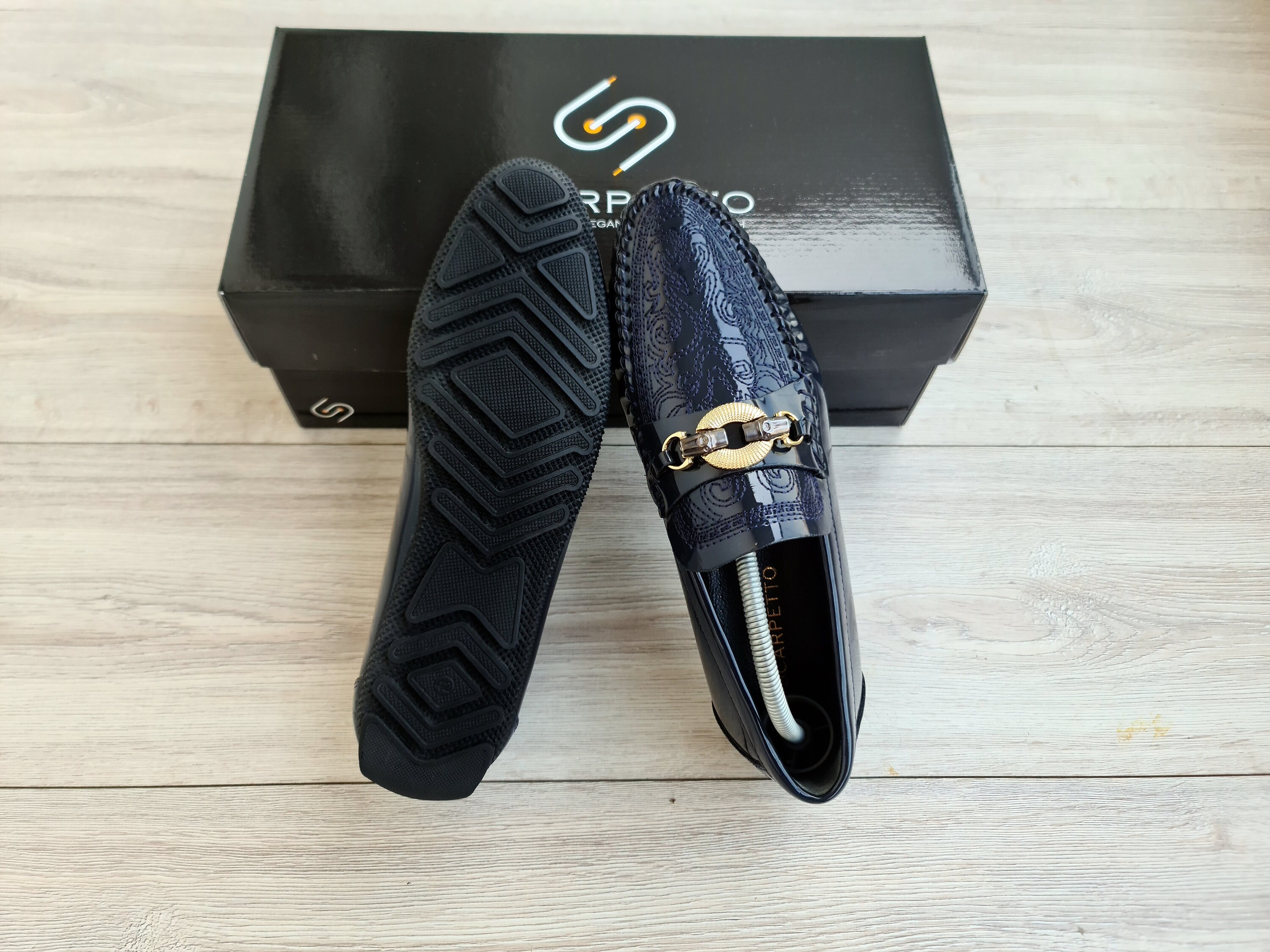 Men\'s Embroidered Patent Leather Loafers in Navy Signature Horse Bit Patent Leather Loafer - Carrucci Shoes main image 3