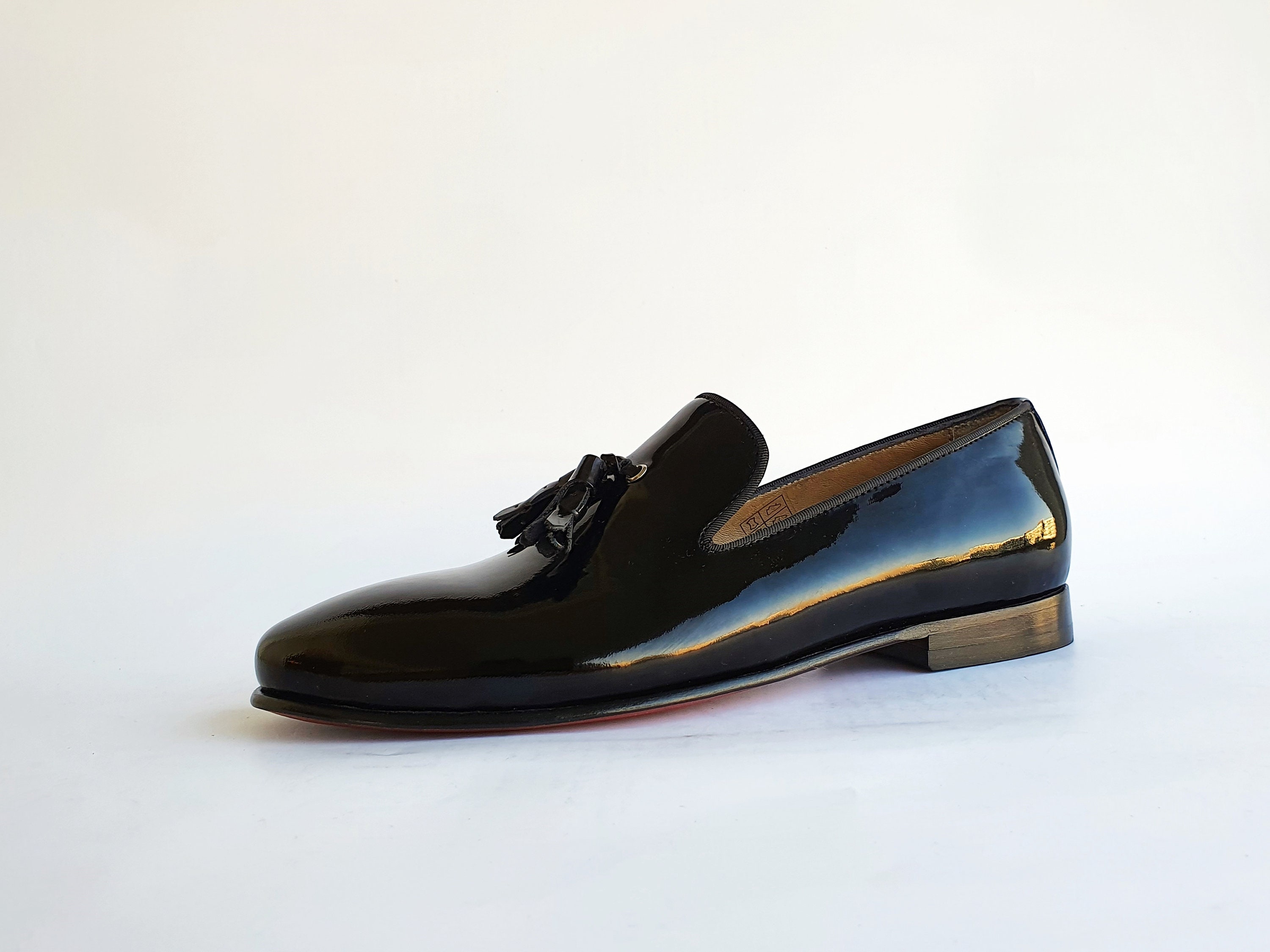 Super glamorous handmade in Italy men\'s patent leather loafers with tassels. Men main image 2