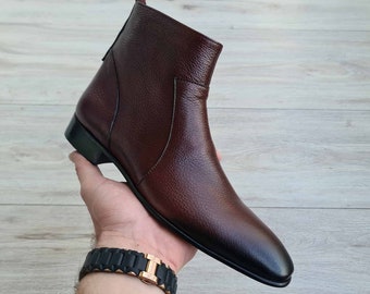 Wine Men's Chelsea Leather Boots | Full Grain Leather | Zip-UP| Suede Leather | Leather Lining | Leather Sole | Handmade Boots