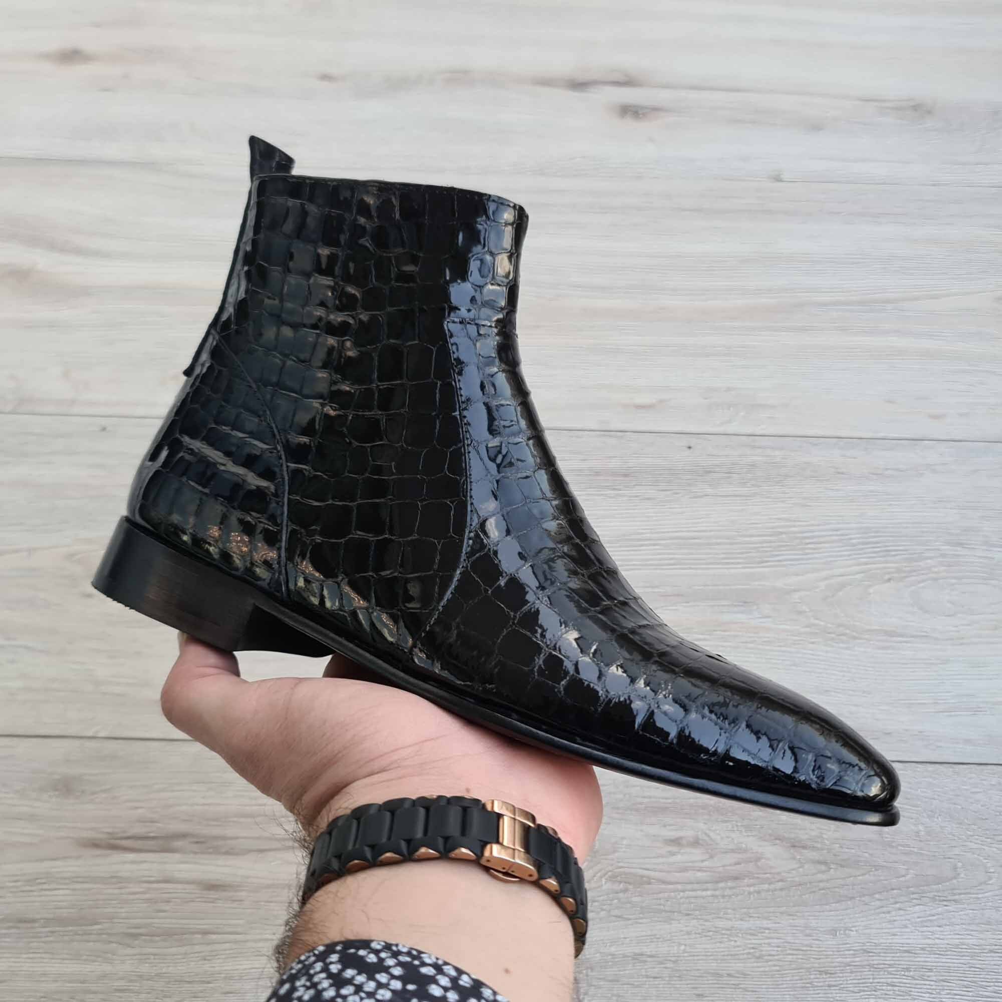 Raphael Black Men's Chelsea Croco Patent Leather Boots | Red Sole - Etsy