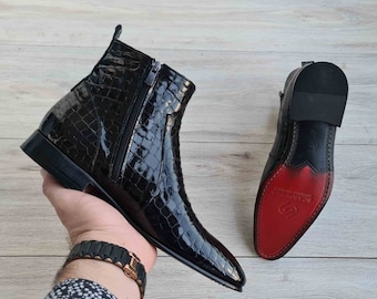 Botas Chelsea de charol de cocodrilo para hombre de Raphael Black / Suela roja