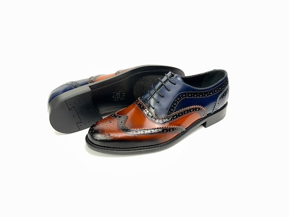 Handmade Leather Spectator Wingtip Oxford: Brown & Navy  display picture 1