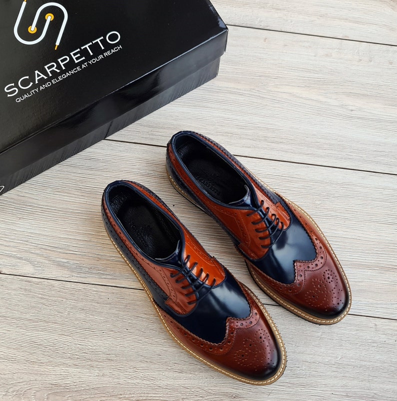 Handmade Leather Spectator Wingtip Leather Dress Shoe Brown-Navy-Blue Mens Derby Shoes Genuine Leather Lace-up Derby Shoes for Men image 3