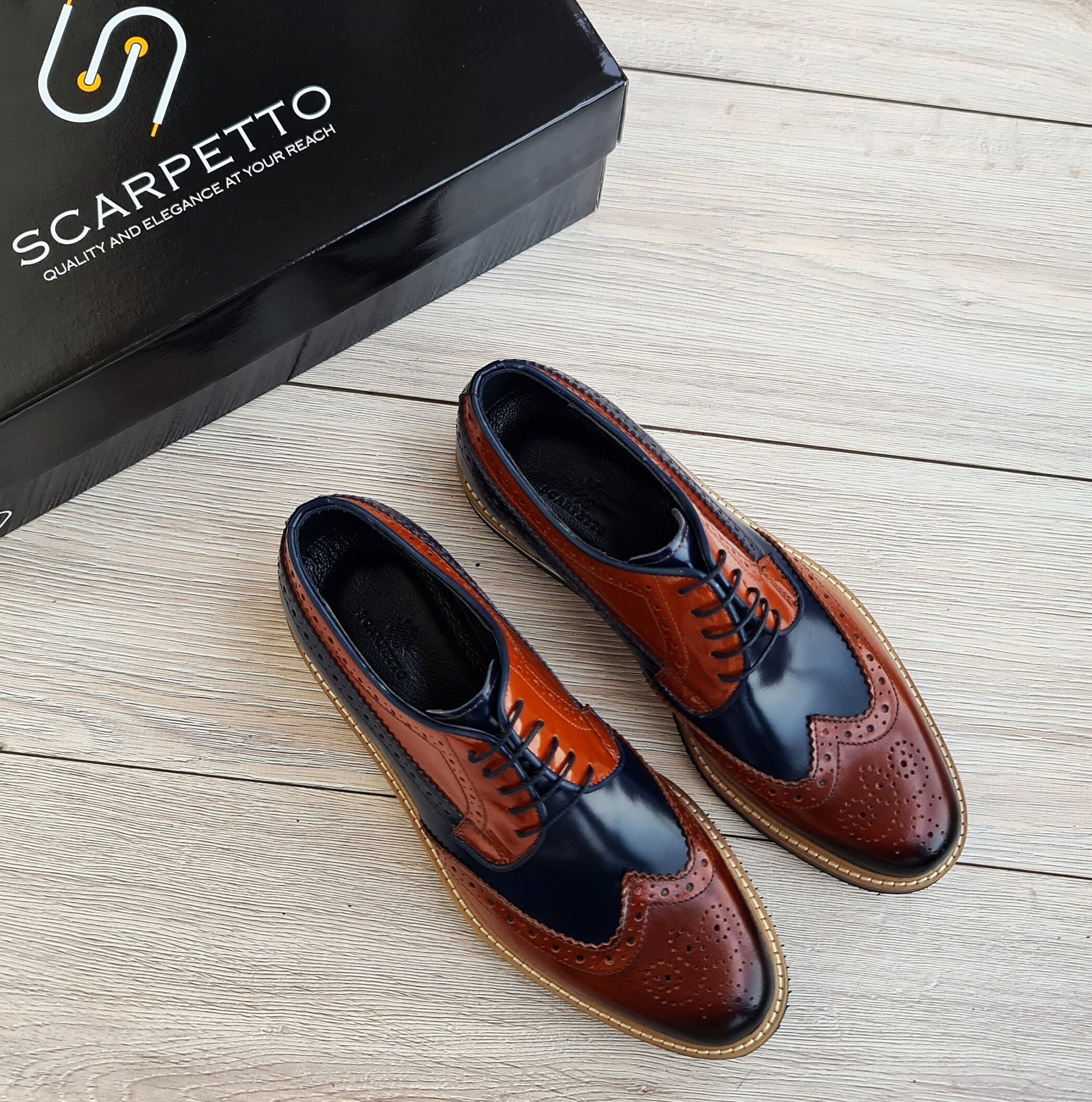 Handmade Leather Spectator Wingtip Derby Shoes: Brown-navy  display picture 2