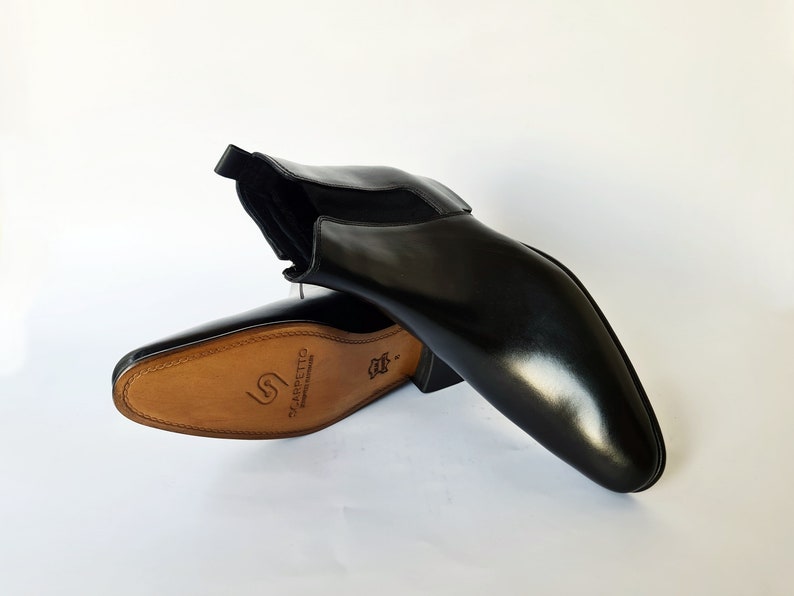 Black Chelsea Leather Boots With Leather Sole & Elastic Insert Etsy