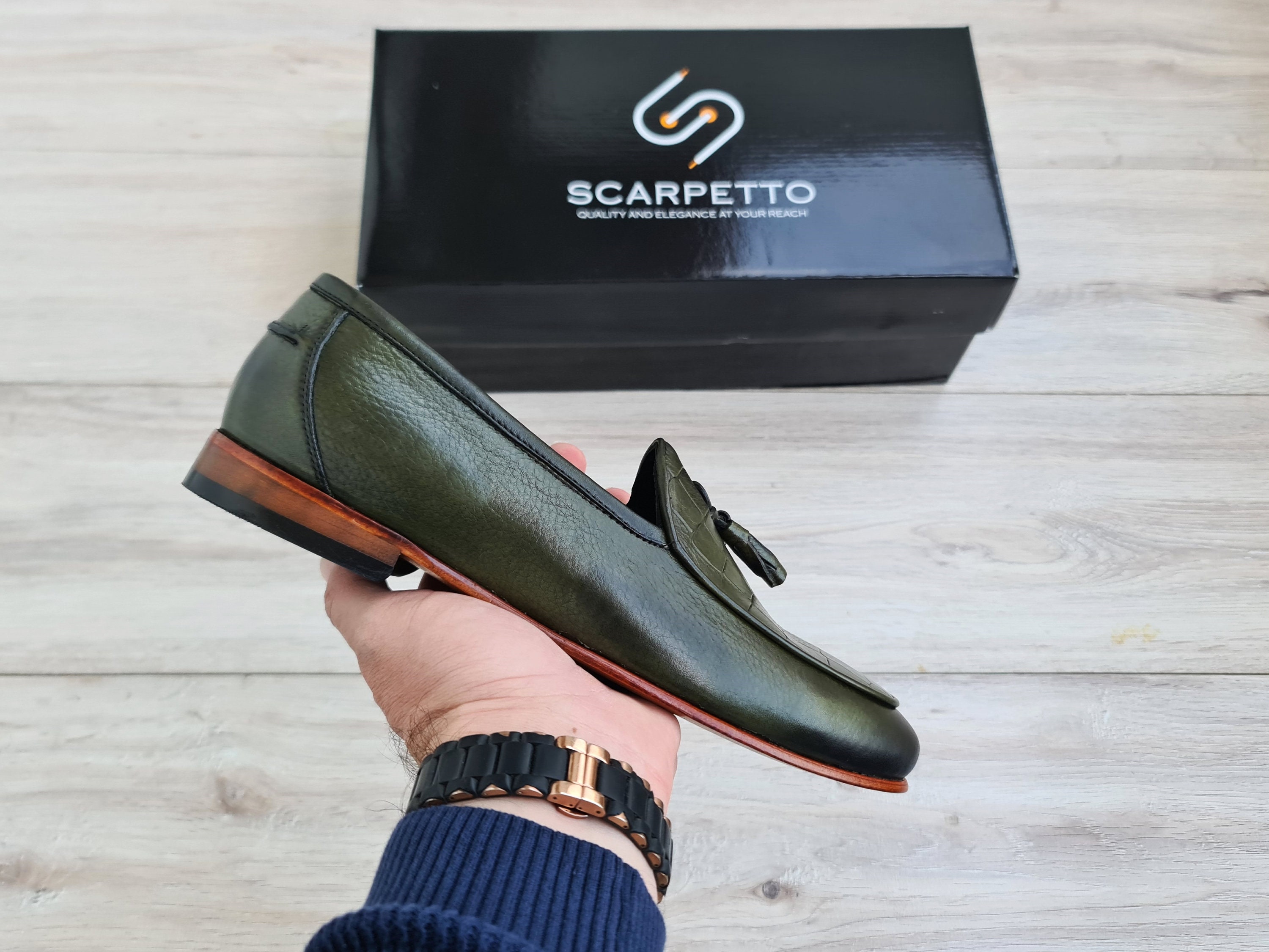 Army Green Croco Leather Men s Tassel Loafer Handmade Slip On Dress Shoes for Men Genuine Leather Casual Shoes for Parties