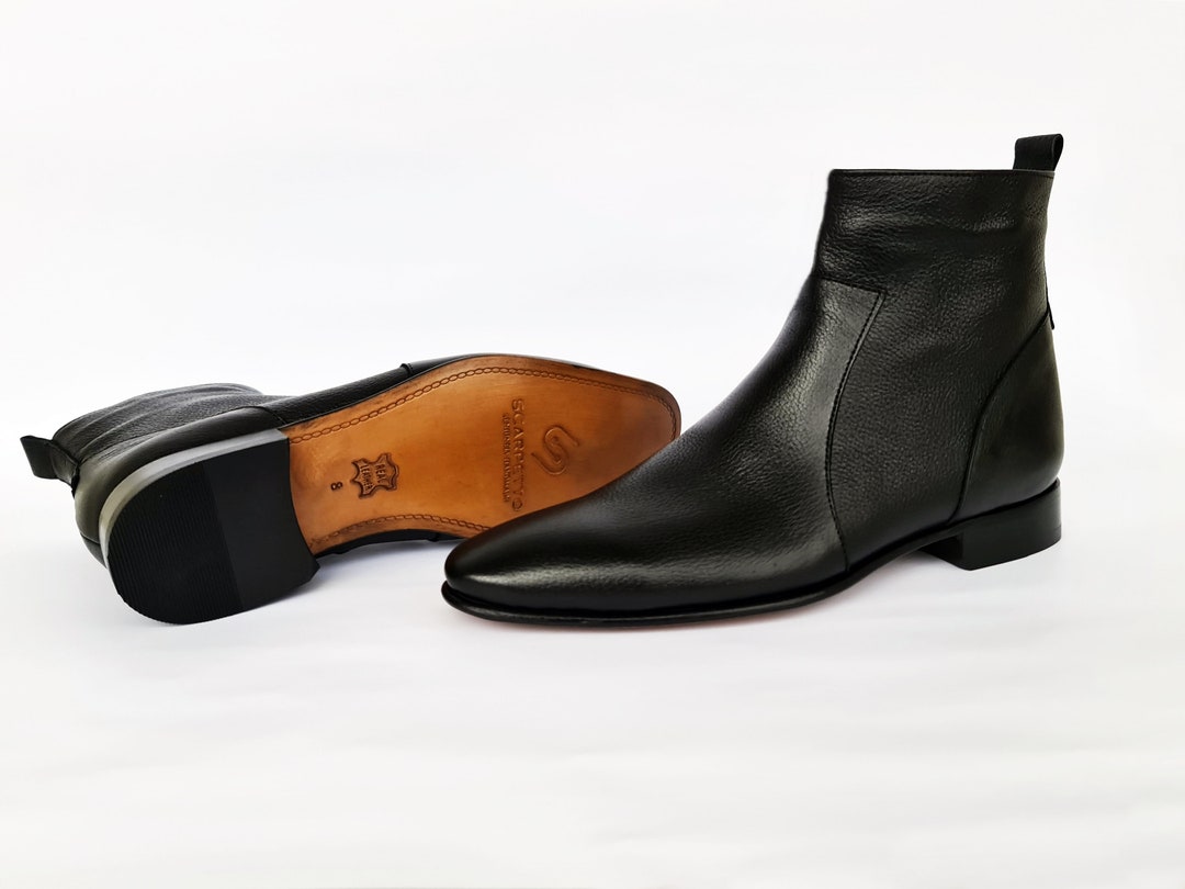 Black Chelsea Leather Boots With Leather Sole Handmade Men's Casual Zip ...