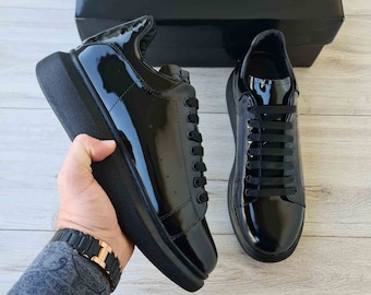 Black Patent Leather Platform Sneakers | Handmade Lace Up Shoe with Platform High Sole | Premium Genuine Leather Shoes