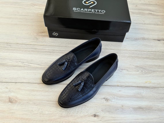 Fashion Tassel Leather Shoes Male Shoes Plus Size 38-47 Crocodile Pattern  Slip-on Wedding ShoesWedding Shoes-Black
