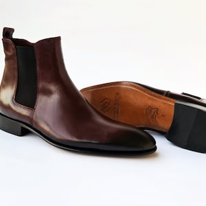 Burgundy Chelsea Leather Boots | Handmade Men&#39;s Casual Ankle Boots with Leather Sole &  Elastic Insert | Premium Leather Shoes for Men