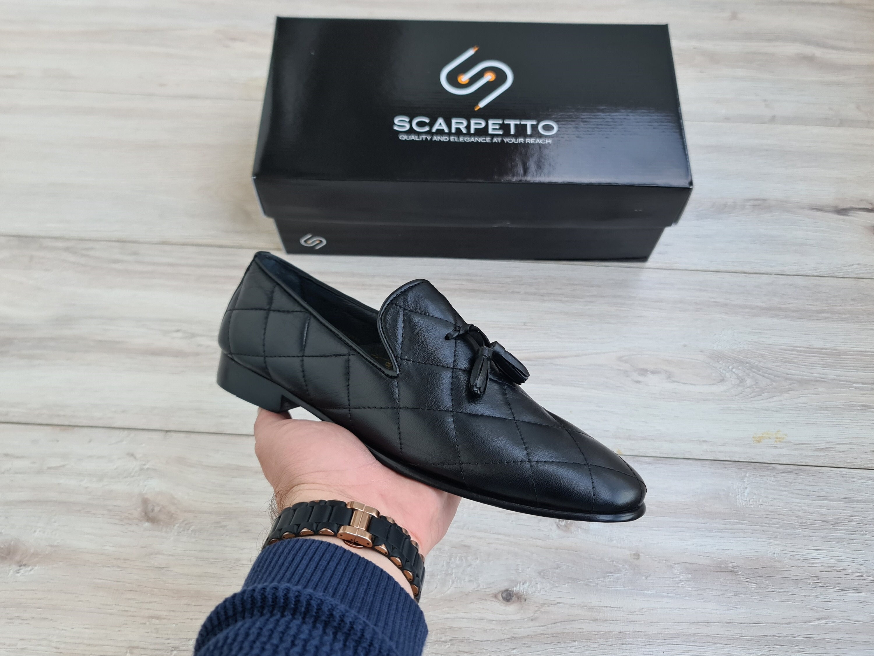 New Handmade in Italy, Men\'s Quilted Black Leather Loafers with Tassel size 13 Black Tassel Loafers | SALE | Italian Loafers for Men main image 4