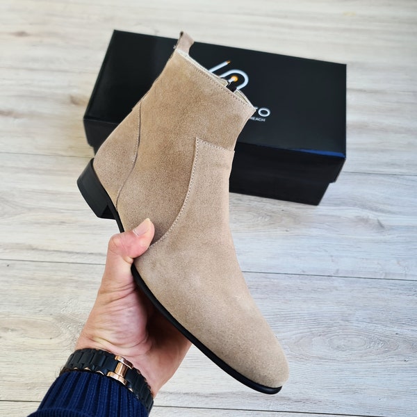 Beige Suede Leather Chelsea Boots for Men | Handmade Black Leather Casual Boots| Mens Leather Ankle Boots for Parties