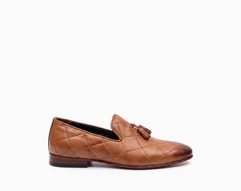 Handmade Brown Leather Loafers: Quilted Slip-On Dress Shoes